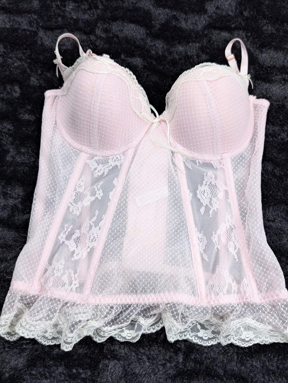 Blush Lingerie Womens M Pink White Lace Bustier Corset Underwire Boned Sheer